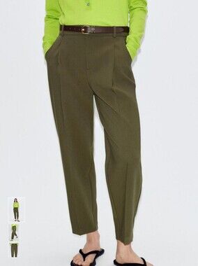 Zara Olive Green Pleated Pants With Belt